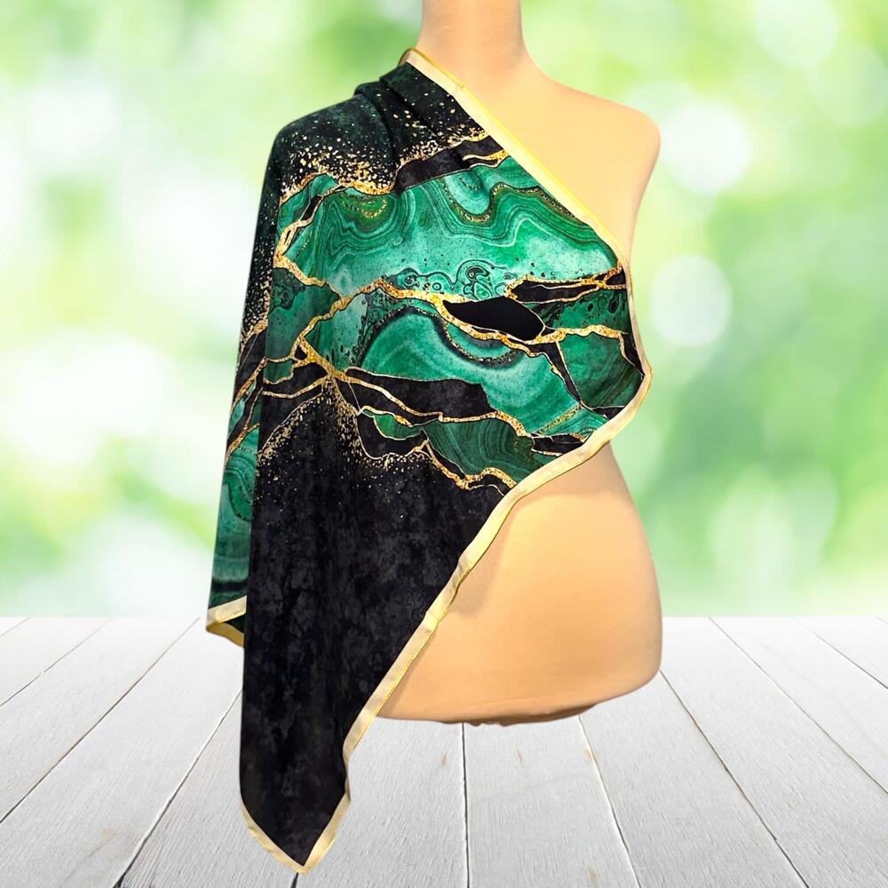 Silk Scarf Square Malachite Marble Abstract Print Luxury Green Black Gold 25x25